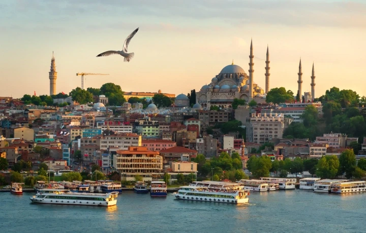 Aerial view of Uskudar with its Ottoman mosques and the Maiden's Tower on the Bosphorus, or a traditional street scene.