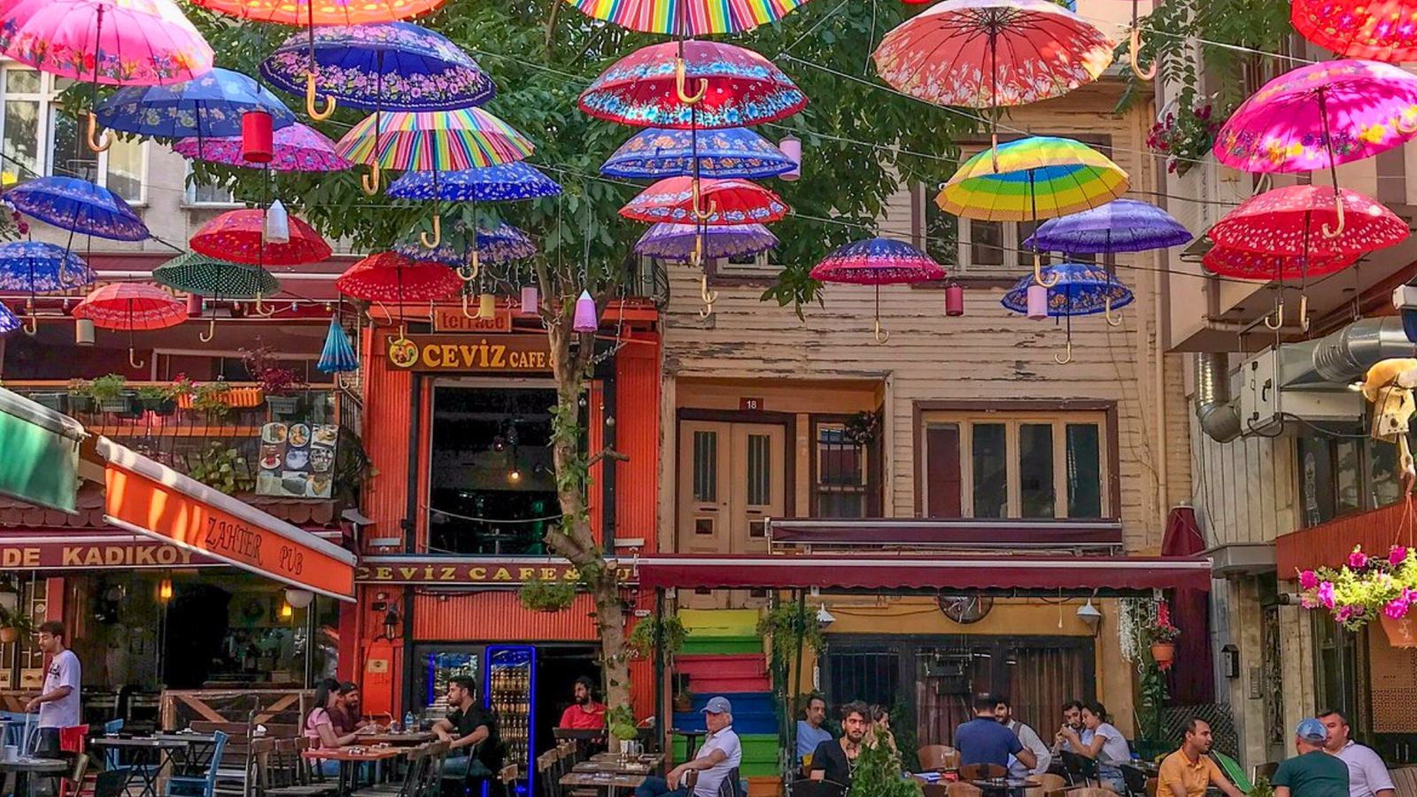 Montage of photos illustrating different neighborhoods of Kadikoy: Moda pier at sunset, a lively market alley, and a colorful Yeldeğirmeni street.
