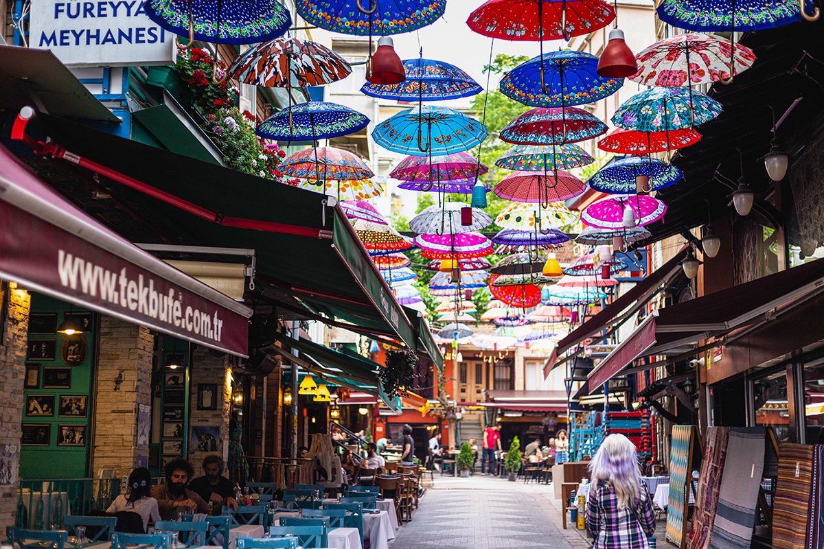 Photo of the colorful Umbrella Street in Karakoy, or a fresh fish stall at Karakoy market.