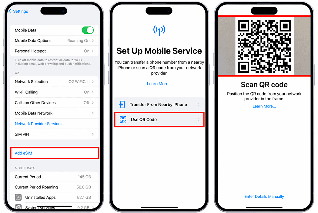 Simple illustration of eSIM activation steps: 1. Online purchase -> 2. Receive QR code -> 3. Scan and activate.